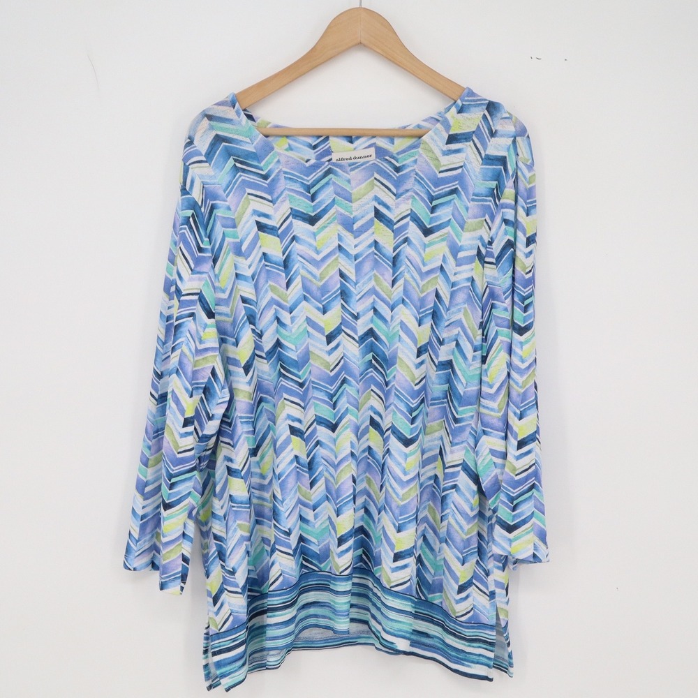 Alfred Dunner Top Womens 2X Chevron Blue 3/4 Sleeve Scoop Neck Excellent